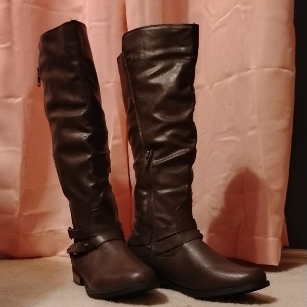 Brown Over the Knee Boots with Leather Material and Low Heel